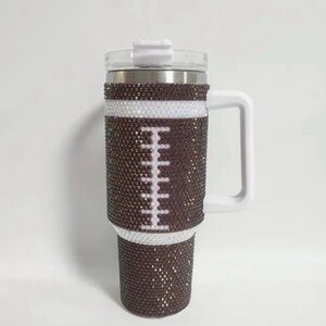 Brown & White Rhinestone Embellished Insulated Coffee & Tea Tumbler with Handle